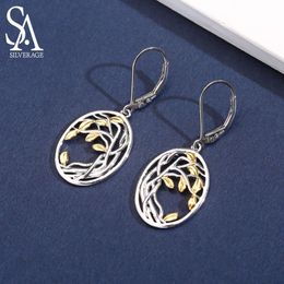 Knot SA SILVERAGE 925 Sterling Silver Tree of Life Drop Earrings for Woman 925 Silver Long Women Earrings Yellow Gold Color Brincos