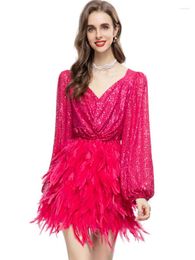 Casual Dresses QQ8037 Heavy Industry Sequin Feathers Patchwork Lantern Long Sleeves Rose Red Cropped Dress European And American Autumn