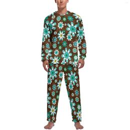 Men's Sleepwear Retro Mod Flowers Pajamas Autumn 2 Pieces Brown And Blue Kawaii Set Men Long Sleeves Room Custom