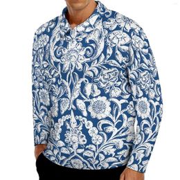 Men's Polos Antique Floral Polo Shirts Spring Blue And White Casual Shirt Long Sleeve Collar Y2K Graphic Oversized T-Shirts