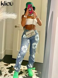 Women s Jeans Kliou Cotton Aesthetic Flower Print Women Casual High Waist All Match SKinny Denim Streetwear Pant Female Hipster Clothing 230826