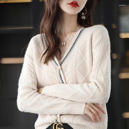 Women's Knits 2023 Autumn And Winter Wool Knitted Cardigan Women V-neck Colour Bump Jacquard Sweater Loose Fashion Warm Top Coat