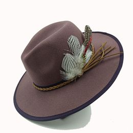 Wide Brim Hats Bucket Vintage Fedora Hat Feather Mens and Womens Jazz Binding Colour Woollen Fashion Panama Church Wholesale 230825