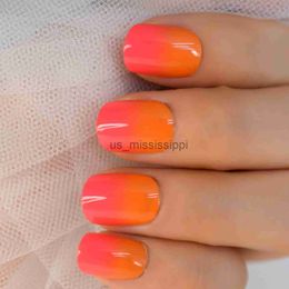 False Nails Ombre Orange Red French Tip Press On Nails Short Round Full Cover False Fake Nails For School Office With Adhesive Sticker x0826