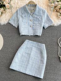 Men's Hoodies Summer Fashion Tweed 2 Piece Set For Women Korean Single Breasted Tassle Short Sleeve Tops And High Waist Bodycon Mini Skirt