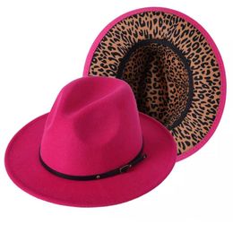 Wide Brim Hats Bucket Pink and Leopard Two Tone Wool Felt Fedora Women Men Patchwork Jazz Formal Hat with Leather Band 230825