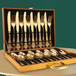 Gorks Retro Gold Cutery Set Luxury Complete Table Seary European Style Steel Steel Spoon Fork Steak Knife Ceries Set Present Box 230825