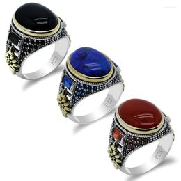 Cluster Rings Agate/Onyx/Lapis Men Ring 925 Sterling Silver Oval Natural Blue/Black/Red Stone Vintage Turkish Jewelry For Male Women Gift