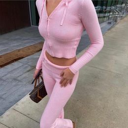 Women's Two Piece Pants Gtpdpllt Pink Knitted 2 Sets Zip Up Hoodie Matching Suit Y2k Top And Low Rise Set Women Casual Cute Outfits