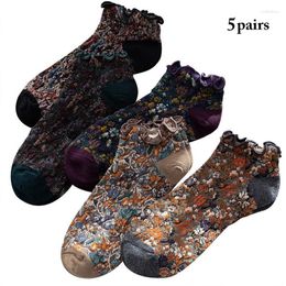 Women Socks 5 Pairs Ruffles Retro Cotton Ladies Personality Harajuku Art Ruffled Edge Sock Spring Summer Short