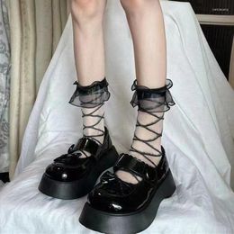 Women Socks Girls Mid Tube Lolita Style Crystal Glass Silk Black White Summer Ruffles/pearls/bowknots Transparent