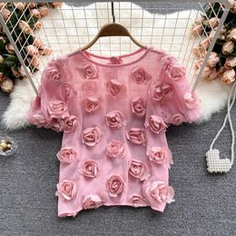 Women's Blouses Girly Sense Of Sweet Three-dimensional Flower Blouse Summer Dress 2023 Age Reduction Puff Sleeve Wild Thin Chiffon