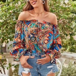 Women's Blouses Women Long-sleeved Top Loose Fit Shirt Colourful Print Off Shoulder Blouse Soft Breathable Vacation With Lantern
