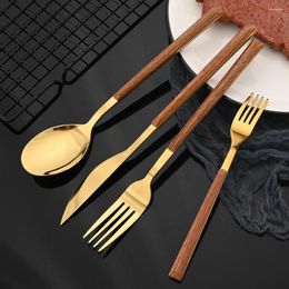 Dinnerware Sets 16/24Pcs Imitation Wooden Handle Cutlery Set Stainless Steel Tableware Knife Fork Tea Spoon Gold Western Flatware