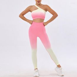 Active Sets Women Seamless One Shoulder Yoga Set Sexy Sports Bra Workout High Waist Suit Leggings Fitness Suits Sportswear