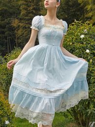 Blue France Vintage Midi Dres Lace Elegant Party Princess Dresses Female Spuare Neck Korean Sweet Fairy Dress Summer 230808