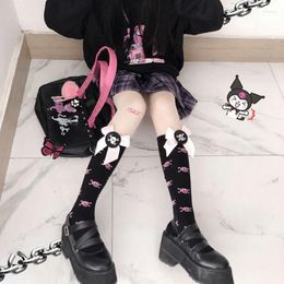 Women Socks Summer Lolita Shank Punk Skull Pattern Women's Medium Stockings Cute Sweet Tie Knee-High Bow Middle Tube Hosiery