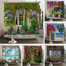 Shower Curtains Flowers Scenery Waterproof Shower Curtains Rural Street Flowers Bathroom Curtains Polyester Fabric Washable Decor Bath Curtains 230826