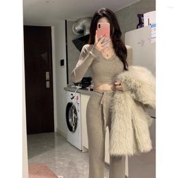 Women's Two Piece Pants Sexy Spicy Girl Knit Set High Waist V-Neck Long Sleeve Slim Short Top Wide Leg Knitted Autumn Women Outfits