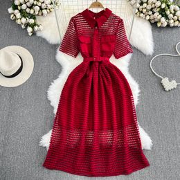 Basic Casual Dresses Summer Sweet Style Vestidos Summer New Women's Dress Single-breasted Hollow Out Lapel Solid Colour High Waist Dresses 2024