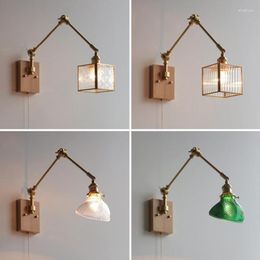 Wall Lamp All Copper Retro Bedside Japanese Desk Left And Right Rotating Ash Wood With Switch