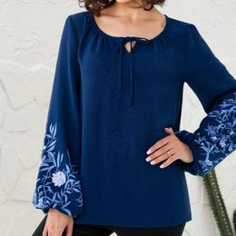 Women's Blouses Elegant Tie Round Neck Tops Flower Print Pleated Pullover Lace-up T-shirt With Hollow Out Detail Loose Fit Lightweight