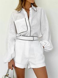 Women's Tracksuits Woman Fashion White Cotton Shirt 2 Pcs Set 2023 Summer Office Ladies Elegant Line Patchwork Shirts Sets Designer Suit