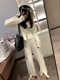 Women's Two Piece Pants Hooded Zipper Cardigan Women Short Fall Winter Wool Lazy Style Front Slit Drawstring Slim Knitted Suit Milanese