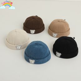 Caps Hats Cartoon Bear Baby Dome Melon Cap Corduroy Autumn Winter Warm Toddler Brimless Landlord Hat Soild Colour Children Skullies Bonnet 230826