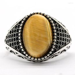 Cluster Rings Natural Tiger Eyes Stone 925 Sterling Silver Ring For Men With Black CZ Vintage Gift Women Male Turkish Fashion Jewelry