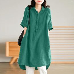 Women's Blouses Elegant Women Cotton Short Sleeved Solid Color Shirt Dress Casual Loose Maxi Dresses Long For Dressy