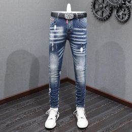 Men's Jeans Streetwear Fashion Men Retro Washed Blue Stretch Slim Fit Ripped Painted Designer Vintage Denim Pants Hombre