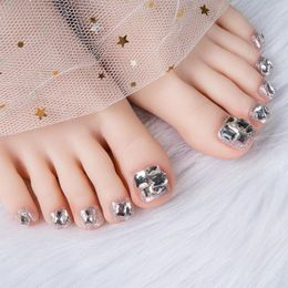 False Nails 24pcs Press On Square Silver Rhinestones Toenails For Girl Wearable Summer Short Fake With Designs Feet Nail Tips