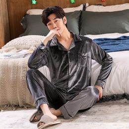 Men's Sleepwear Gold Velvet Pyjamas Autumn And Winter Thickened Warm Loose Cardigan Small Lapel Large Size Home Service Suit