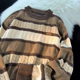 Men's Sweaters Contrast Colour Retro Stripe Twists Sweater For Men Women Soft Waxy Grunge Couple Loose Versatile Letter Label All-match