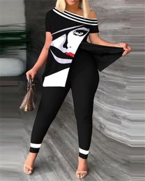 Women's Two Piece Pants Summer Fashion 2023 In Female Print One-Shoulder Split Hem Tops Pencil Set Lady Elegant Casual 2