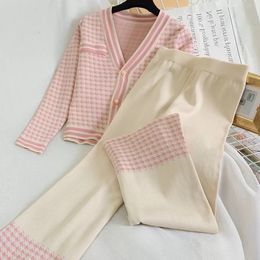 Women's Two Piece Pants Women Knit Houndstooth Cardigan Long Sleeve Sweater Tops Wide Leg Pants Sets Elegant V-neck Knitwear Trousers 2 Piece Outfits 230826