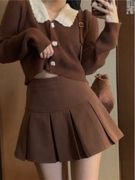 Two Piece Dress Korean Style Knitted Suit Womens Autumn Winter Warm Mini Skirts Trend Chic Elegant Sweater Skirt And Cropped Set 230826