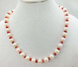 Choker Perfect ! 2PCS 10MM Natural Pink Freshwater Pearl Red Coral Classic Ladies Necklace 19"