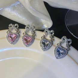 Stud Earrings Korean Bowknot Piercing For Women Exaggerated Pink White Cute Peach Heart Crystal Pendant
