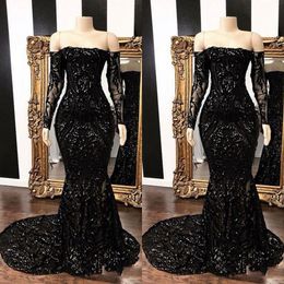 2023 Sexy Arabic Black Sequins Evening Dresses Wear Illusion Sequined Lace Off Shoulder Mermaid Long Sleeves Party Gowns Formal Prom Dress