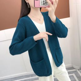 Women's Knits Spring Knitted Sweater Women Loose Short Cardigan Jumpers Ladies Solid Color V-Neck Big Pocket Long Sleeve Knit Jackets Female