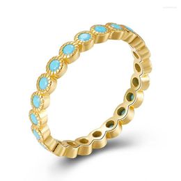 Cluster Rings YUXINTOME 24k Gold-Plated Silver Exquisite Circle Pave Blue Turquoise Charm Shiny Gold Color Ring For Women Trendy Fine