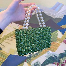 Green Handbag Beaded Pearl Chain Shoudler Bag Handmade Casual Luxury Party Satchel Handbag Top Handle Pearl Shining Purses