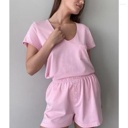 Women's Sleepwear Pajamas Sets Women V Neck Short Sleeved Pockets Top Shorts Suit Summer Home Wear Clothes Trousers Ladies