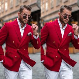 Red Wedding Tuxedos Suits 2 Pieces Peaked Lapel Double Breasted Pockets Customise Coat White Pants Fashion Formal Prom Occasions Tailored Exquisite