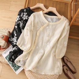 Women's Blouses Embroidery Vintage Summer 2023 Loose Tops O-neck Ladies Clothing Chinese Style Women Shirts YCMYUNYAN