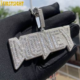 Pendant Necklaces Iced Out Bling Letters Money Pendant Necklace Gold Silver Color Rectangle CZ Zircon Charm Men's Women Hip Hop Jewelry 230826