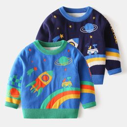 Pullover Winter Baby Boy Clothes Cartoon Knitted Sweater Space Pattern Long Sleeve O Neck Thick Blue Pullover Tops For Children 2-7Y 230826