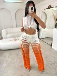 Women's Two Piece Pants TPJB Sexy Sleeveless Crop Tops Tie Dye Trapezoid Tassel Knit Matching Set Summer Beach Tracksuits Sets